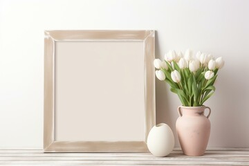 Mockup of an 8x10 frame with white Easter eggs arranged in a basket. Generative AI