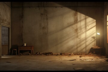 Render of a worn room with spotlights overhead. Generative AI