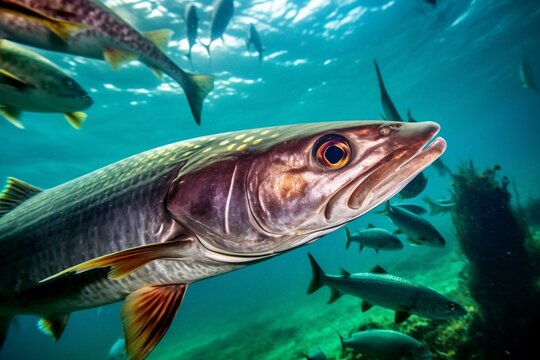 Vibrant underwater richness. Barracudas dominate the reefs in Sipadan island. Generative AI