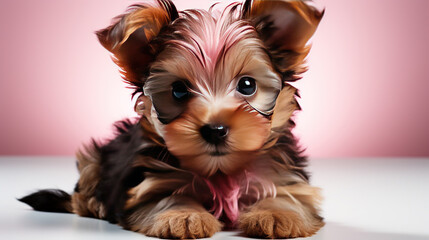 Baby Yorkshire Terrier Sitting on a Blurry White Background