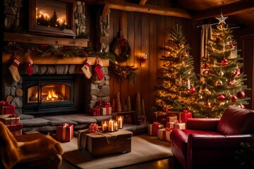 Fototapeta na wymiar A chalet decked for Christmas. Interior of Living Room with Fireplace