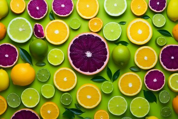 A collection of citrus fruits and sliced lime arranged on a vibrant purple backdrop. Generative AI