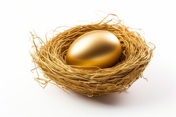 Beautiful shiny golden egg in bird nest on white background. The golden egg in the nest, Generative AI