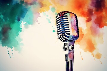 Retro style microphone on a stage with watercolor background. Microphone, Generative AI - obrazy, fototapety, plakaty
