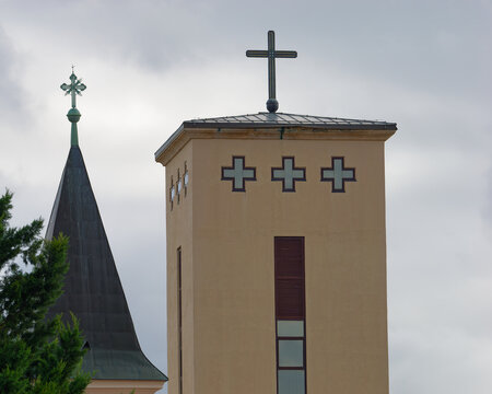 View of the tower of the Chapel of the Holy Spirit and Steeple of the Church of Saint Anthony in the Parish of Saint Anthony of Padua, Zagreb, Croatia
