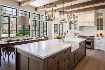 Traditional kitchen in a luxury home luxury chandeliers and large windows