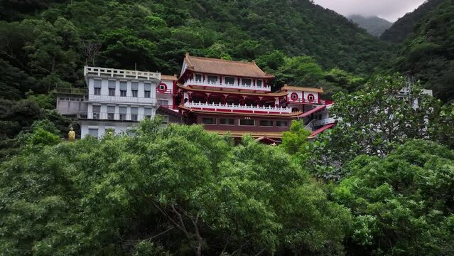 Temple Among The Green Mountains Of Taroko National Park, Taiwan, Aerial View