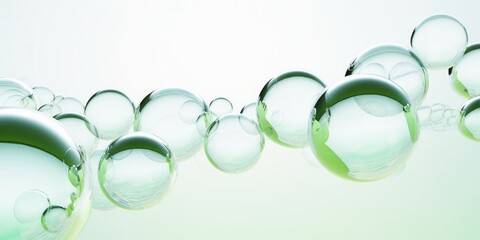 Horizontal 3D Rendered Background with Floating Green Bubbles, Clean Sustainable Abstract, Generative AI
