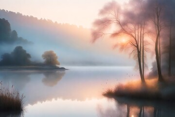 A peaceful lakeside scene at dawn, with soft, hazy pastel colors and mist rising from the water