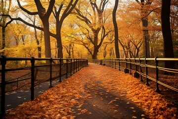 NYC's Central Park in vibrant autumn hues. Trail winds through the Ramble on Upper West Side. Generative AI