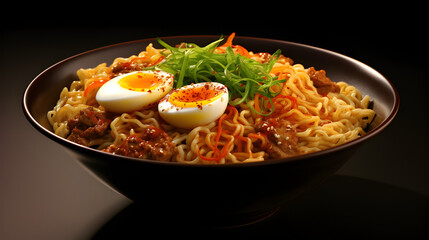  Ramen with boil egg. Spicy korean ramen noodle.