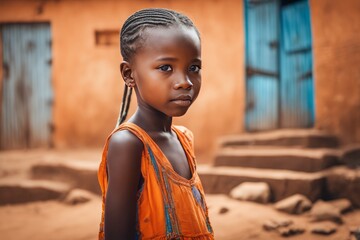 portrait of african girl portrait of african girl portrait of a young african girl with a typical african village. - obrazy, fototapety, plakaty