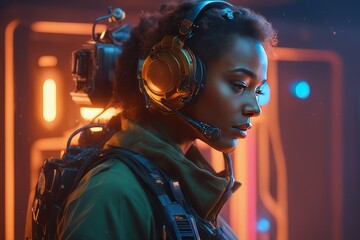 young african american female in headphones and futuristic space with futuristic technology and digital devices young african american female in headphones and futuristic space with futuristic technol