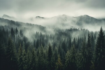 Misty forest in a bleak landscape with foggy mountains and fir trees. Generative AI - obrazy, fototapety, plakaty