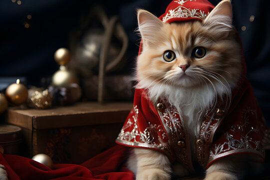 A cute cat looking like princes in Santa Claus dress for Christmas celebration in a room, ornamental balls put on table 