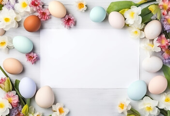 Naklejka na ściany i meble Greeting card background with Easter eggs with spring flowers, Flat lay blank paper