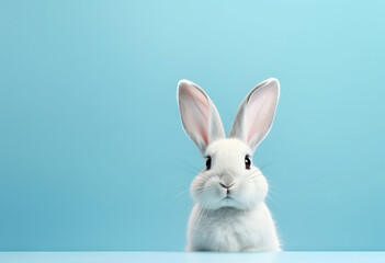 White rabbit on pastel blue background, Easter day