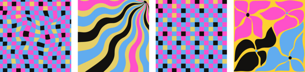 Retro checkerboard backgrounds featuring pastel hues. A groovy and psychedelic chessboard pattern inspired by the 60s and 70s. Perfect for print templates, textiles, or as a vector wallpaper.