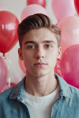 portrait of a young man surrounded by red and pink balloons, Valentine's Day