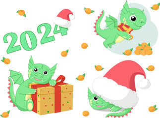 cute dragon stickers, 2024, holidays, year of the dragon, santa claus hat, tangerines, gift, stickers, stickers, characters
vector illustration