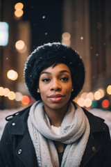 portrait of a person at night in winter wearing a coat and scarf, snowing, city street