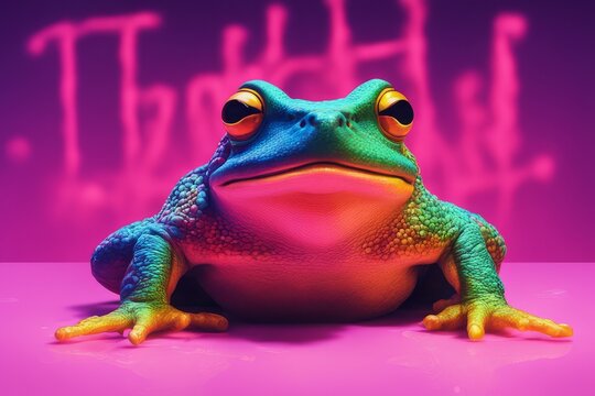 frog with a pink bow on a blue background. high quality photofrog with a pink bow on a blue background. high quality photos pink frog with blue eyes and a red bow on the head of a frog on a bright neo