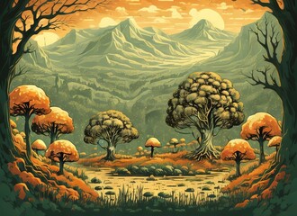 Free nature landscape scene background with mushroom tree, Generative AI