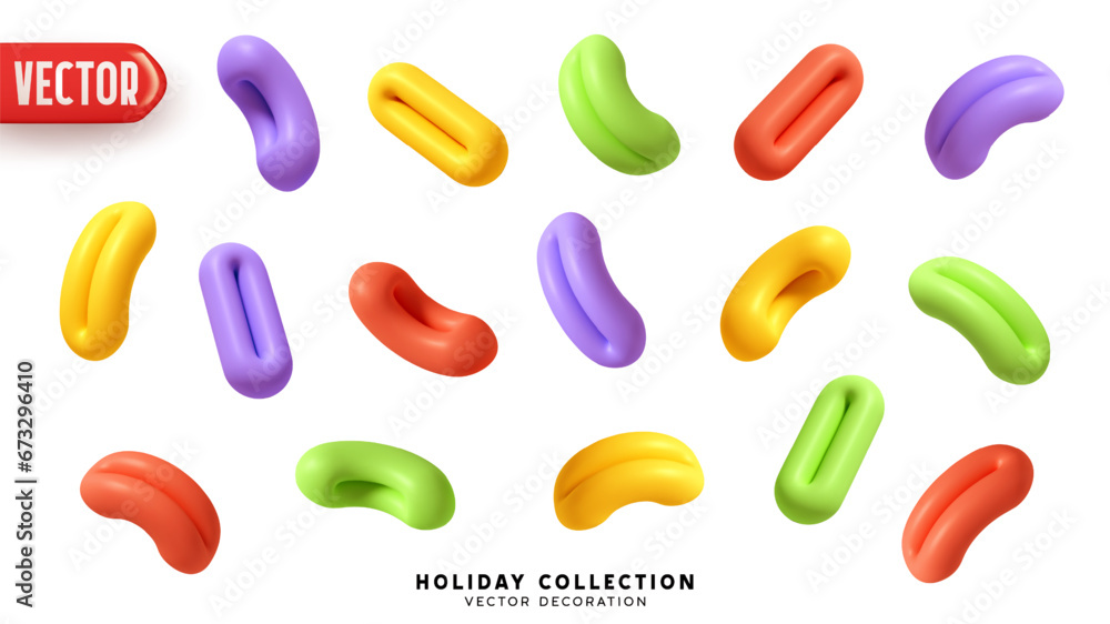 Poster Set of abstract decorative festive element multicolored color. Decor Realistic 3d cartoon objects in the shape of compressed ring. Festive confetti and tinsel serpentine. vector illustration
