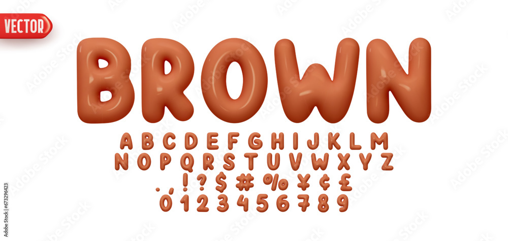 Aufkleber brown font realistic 3d design. complete alphabet and numbers from 0 to 9. collection glossy letters