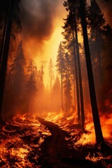 forest fire at night, natural wildlife disaster, flame and tree burning