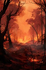 forest fire at night, natural wildlife disaster, flame and tree burning