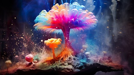 magic psychedelic mushrooms in colorful glow, explosion of colors, psilo shrooms concept background - obrazy, fototapety, plakaty