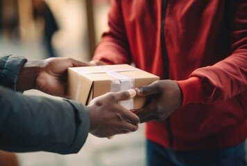 Obraz premium Man hands over boxes to a customer with delivery concept.