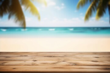 Fototapeta na wymiar Empty wooden table on a beautiful blured tropical beach background. Summer holiday background for product display, Generative AI