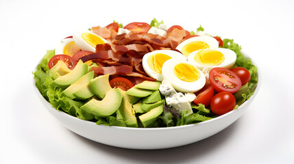 Cobb salad isolated on white background. Cobb salad in white bowl.