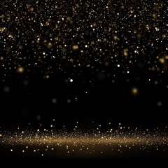 Glowing gold sparkle. Abstract holiday confetti on black background. Golden glittering celebration. Shimmering backdrop. Luxurious magic