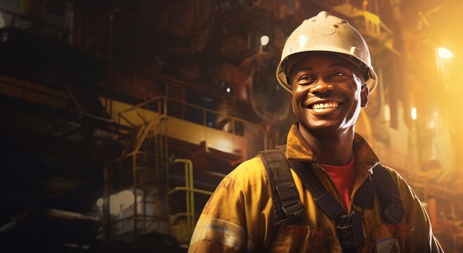 Smiling oil worker in front of rig.