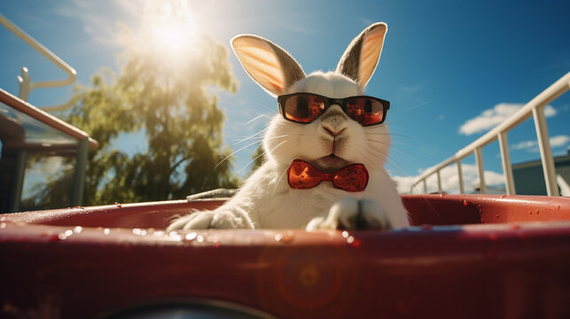A cute white rabbit wearing sunglasses and sitting in a hot tub