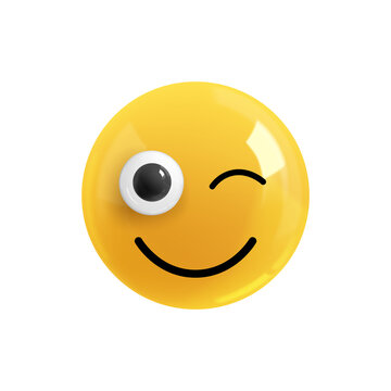 Emoji face winks. Realistic 3d design. Emoticon yellow glossy color. Icon in plastic cartoon style isolated on white background. PNG