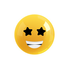 Emoji face smile with stars in your eyes. Realistic 3d design. Emoticon yellow glossy color. Icon in plastic cartoon style isolated on white background. PNG