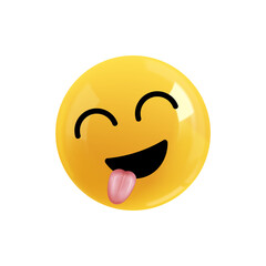 Emoji face funny shows tongue. Realistic 3d design. Emoticon yellow glossy color. Icon in plastic cartoon style isolated on white background. PNG