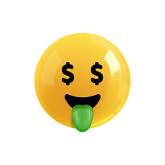 Emoji face happy with money. Realistic 3d Icon. Render of yellow glossy color emoji in plastic cartoon style isolated on white background. PNG