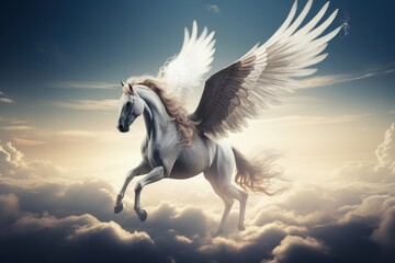 Obraz na płótnie Canvas pegasus, a mythological animal, a horse with wings, gallops against the sky, Generative AI