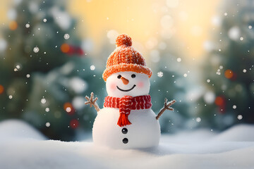 cute cheerfully snowman with red hat and red scarf stand with Christmas tree which is decorated with lights and cover with snow in cold forest  - obrazy, fototapety, plakaty