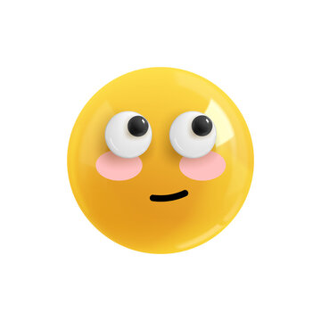 Emoji face embarrassment eyes look away. Realistic 3d Icon. Render of yellow glossy color emoji in plastic cartoon style isolated on white background. EPS