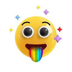 Emoji face shows rainbow tongue. Realistic 3d design. Emoticon yellow glossy color. Icon in plastic cartoon style isolated on white background. EPS