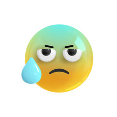 Emoji face thrown into sweat from misunderstanding. Emotion Realistic 3d Render. Icon Smile Emoji. PNG yellow glossy emoticons.