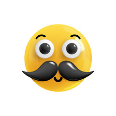 Emoji face of a man with a mustache. Realistic 3d design. Emoticon yellow glossy color. Icon in plastic cartoon style isolated on white background. EPS