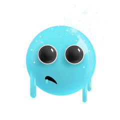 Emoji face frozen falling snow. Realistic 3d Icon. Render of yellow glossy color emoji in plastic cartoon style isolated on white background. EPS 