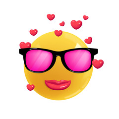 Emoji face pink glasses from love. Realistic 3d design. Emoticon yellow glossy color. Icon in plastic cartoon style isolated on white background. EPS